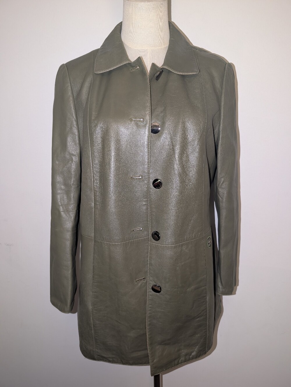 Vintage Olive Green Leather Reversible Button-Front Coat